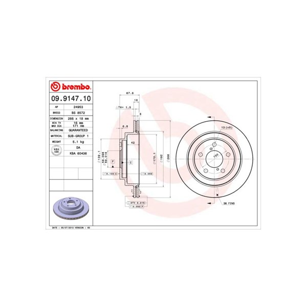 Bromsskiva Ventilerad, Bakaxel Brembo 09.9147.10 BREMBO