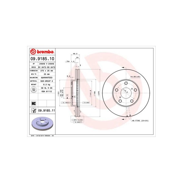 Bromsskiva Ventilerad, Framaxel Brembo 09.9185.11 BREMBO