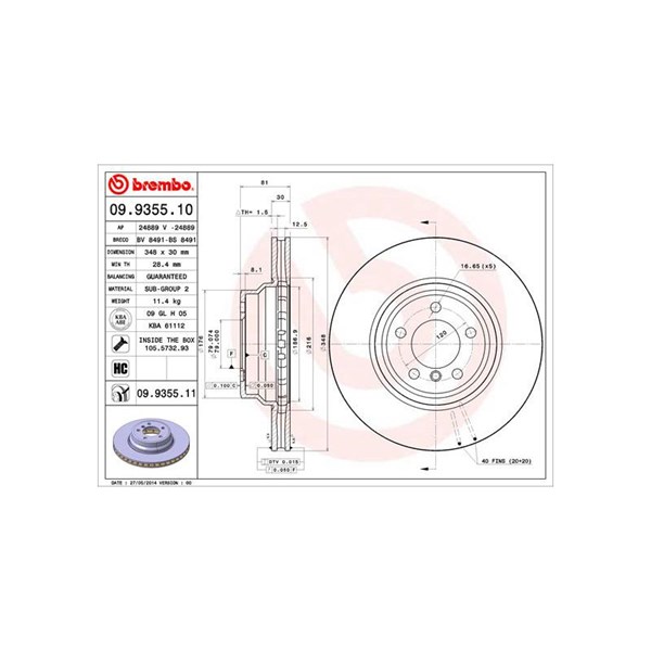 Bromsskiva Ventilerad, Framaxel Brembo 09.9355.11 BREMBO