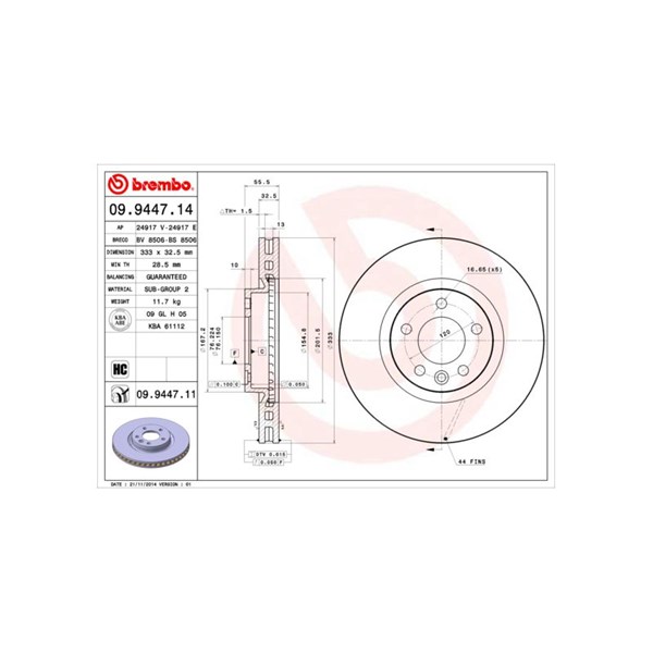 Bromsskiva Ventilerad, Framaxel Brembo 09.9447.11 BREMBO