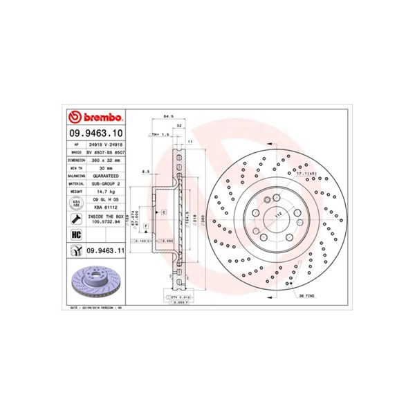 Bromsskiva Hålad/ventilerad, Framaxel Brembo 09.9463.10 BREMBO