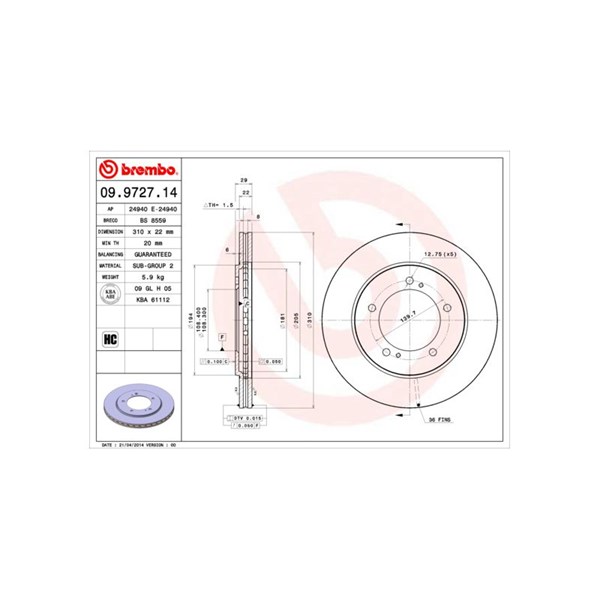 Bromsskiva Ventilerad, Framaxel Brembo 09.9727.14 BREMBO