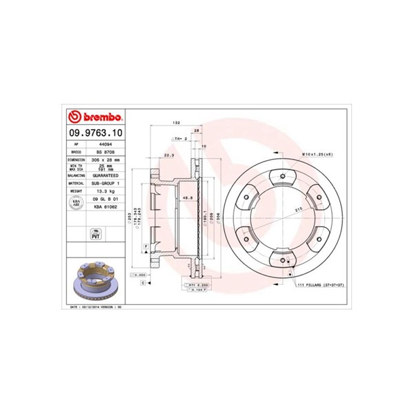 Bromsskiva Ventilerad, Bakaxel Brembo 09.9763.10 BREMBO