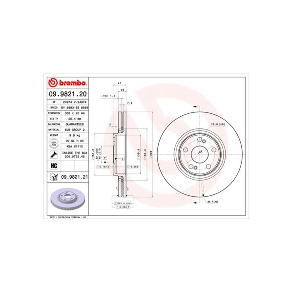 Bromsskiva Ventilerad, Framaxel Brembo 09.9821.21 BREMBO