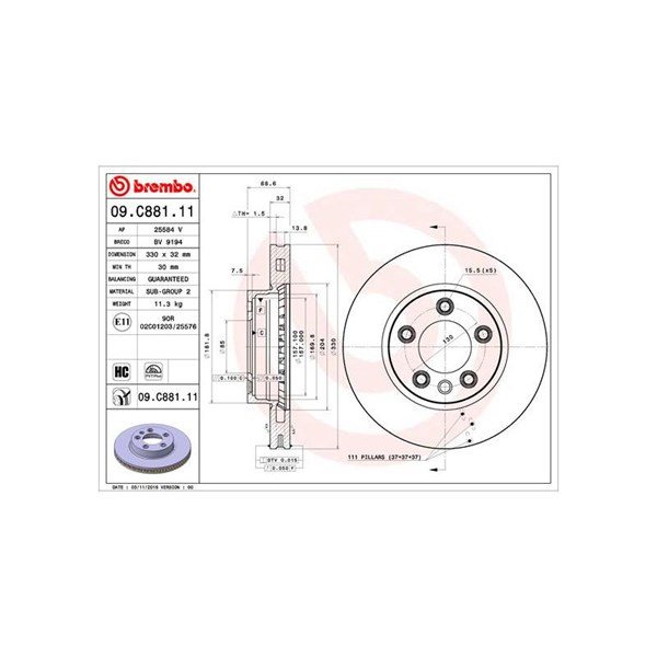 Bromsskiva Ventilerad, Framaxel Brembo 09.C881.11 BREMBO
