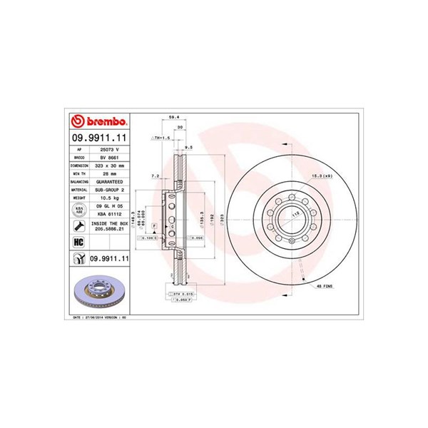 Bromsskiva Ventilerad, Framaxel Brembo 09.9911.11 BREMBO