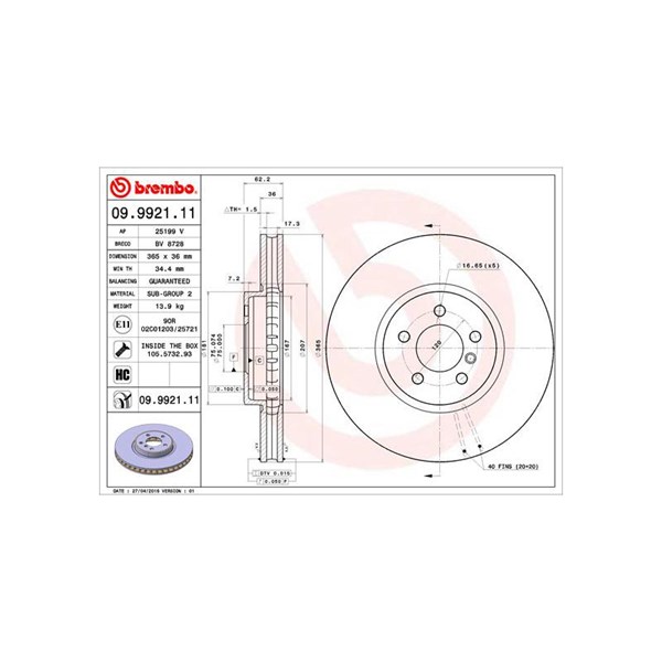 Bromsskiva Ventilerad, Framaxel Brembo 09.9921.11 BREMBO