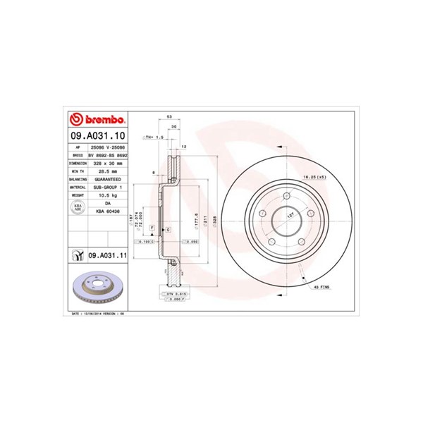 Bromsskiva Ventilerad, Framaxel Brembo 09.A031.11 BREMBO