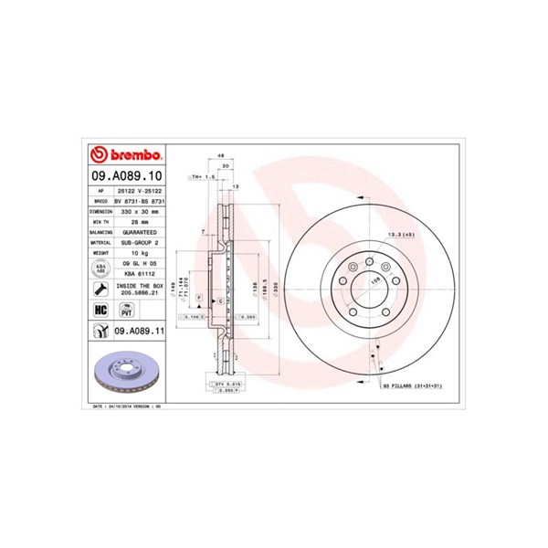 Bromsskiva Ventilerad, Framaxel Brembo 09.A089.10 BREMBO
