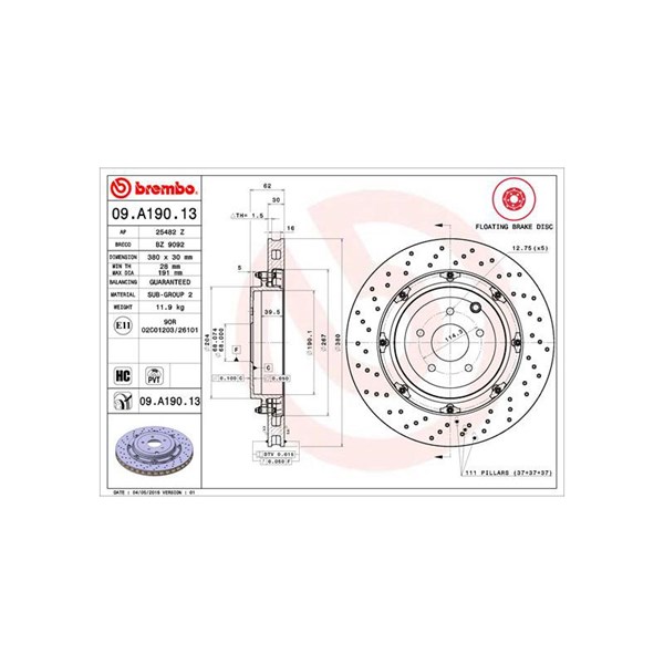 Bromsskiva Bromsskiva tvådelad, Bakaxel Brembo 09.A190.13 BREMBO Bromsskiva Bromsskiva tvådelad, Bakaxel Brembo 09.A190.13 BREMBO