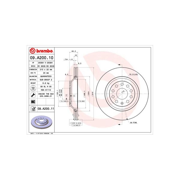 Bromsskiva Ventilerad, Bakaxel Brembo 09.A200.10 BREMBO