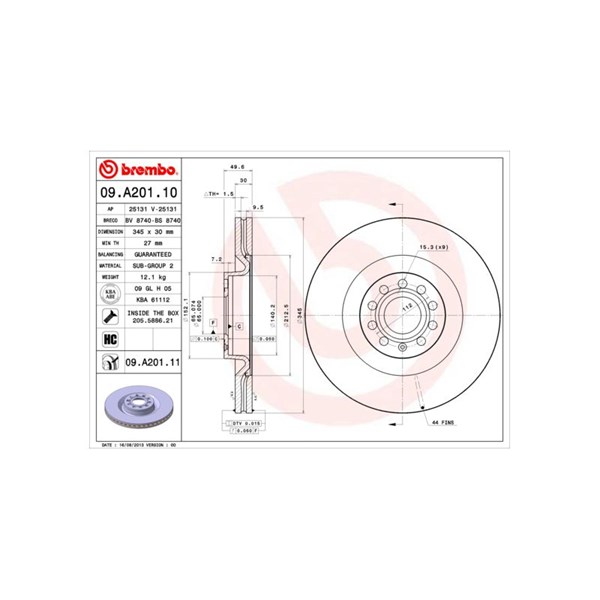 Bromsskiva Ventilerad, Framaxel Brembo 09.A201.10 BREMBO