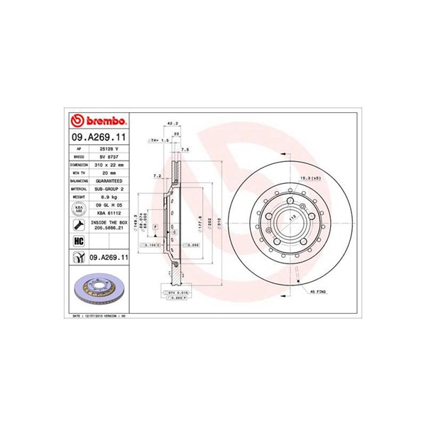 Bromsskiva Ventilerad, Bakaxel Brembo Coated disc line 09.A269.11 BREMBO