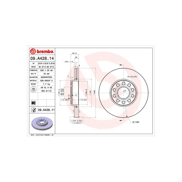 Bromsskiva Ventilerad, Framaxel Brembo 09.A428.14 BREMBO