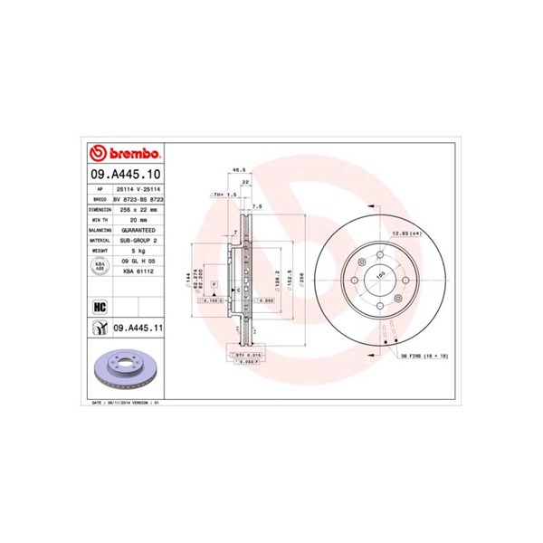 Bromsskiva Ventilerad, Framaxel Brembo 09.A445.10 BREMBO