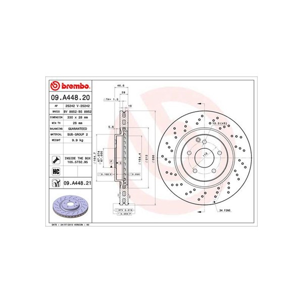 Bromsskiva Hålad/ventilerad, Framaxel Brembo 09.A448.21 BREMBO
