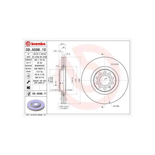 Bromsskiva Ventilerad, Framaxel Brembo 09.A598.10 BREMBO