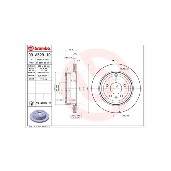 Bromsskiva Ventilerad, Bakaxel Brembo 09.A629.10 BREMBO