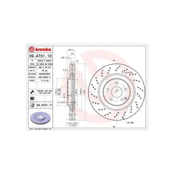 Bromsskiva Hålad/ventilerad, Framaxel Brembo 09.A731.11 BREMBO