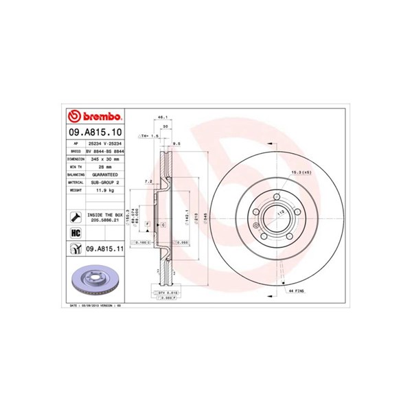 Bromsskiva Ventilerad, Framaxel Brembo 09.A815.11 BREMBO Bromsskiva Ventilerad, Framaxel Brembo 09.A815.11 BREMBO