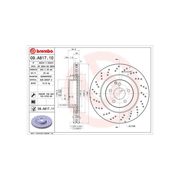 Bromsskiva Hålad/ventilerad, Framaxel Brembo 09.A817.11 BREMBO