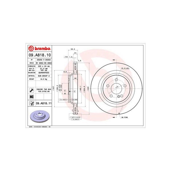 Bromsskiva Ventilerad, Bakaxel Brembo Coated disc line 09.A818.11 BREMBO