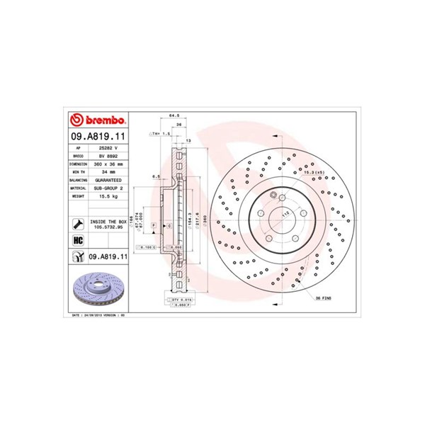 Bromsskiva Hålad/ventilerad, Framaxel Brembo 09.A819.11 BREMBO