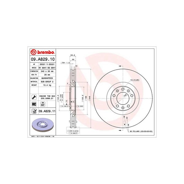Bromsskiva Ventilerad, Framaxel Brembo 09.A829.11 BREMBO