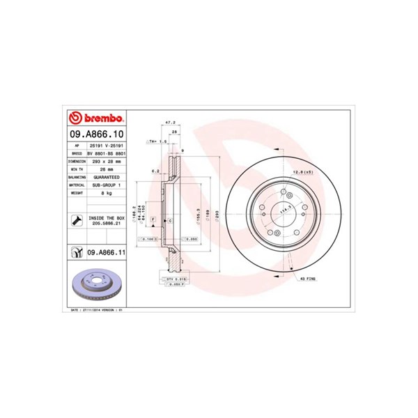 Bromsskiva Ventilerad, Framaxel Brembo 09.A866.10 BREMBO