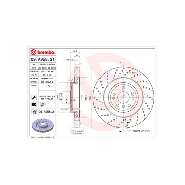Bromsskiva Hålad/ventilerad, Framaxel Brembo 09.A958.21 BREMBO