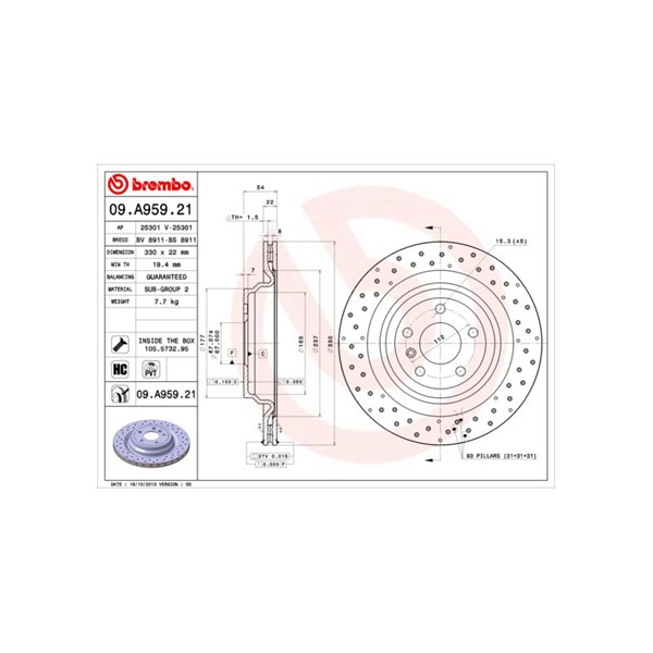 Bromsskiva Hålad/ventilerad, Bakaxel Brembo 09.A959.21 BREMBO