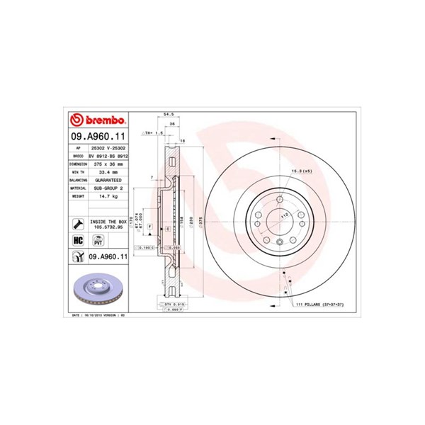 Bromsskiva Ventilerad, Framaxel Brembo 09.A960.11 BREMBO Bromsskiva Ventilerad, Framaxel Brembo 09.A960.11 BREMBO