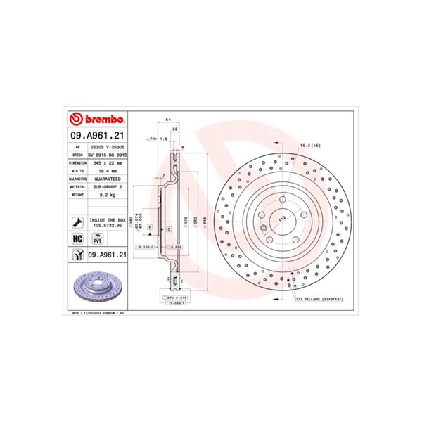 Bromsskiva Hålad/ventilerad, Bakaxel Brembo 09.A961.21 BREMBO