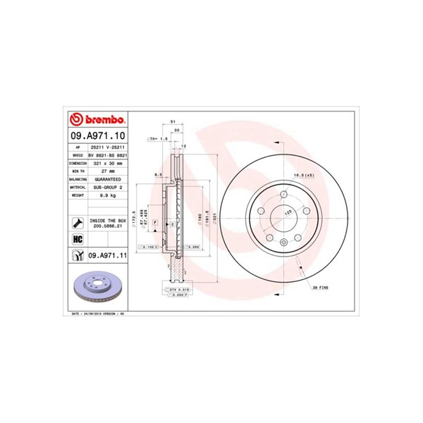 Bromsskiva Ventilerad, Framaxel Brembo 09.A971.11 BREMBO