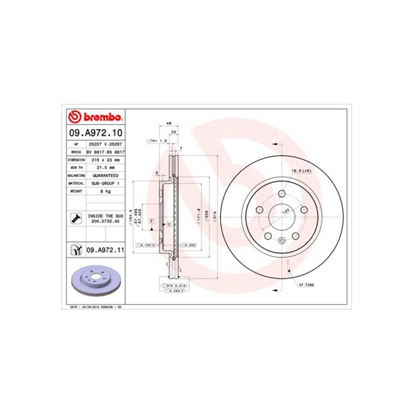 Bromsskiva Ventilerad, Bakaxel, Framaxel Brembo 09.A972.11 BREMBO