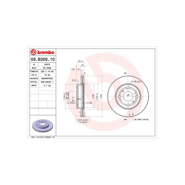 Bromsskiva Ventilerad, Framaxel Brembo 09.B309.10 BREMBO