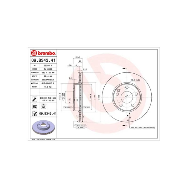 Bromsskiva Ventilerad, Framaxel Brembo 09.B343.41 BREMBO