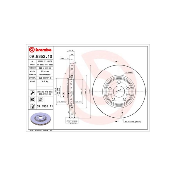 Bromsskiva Ventilerad, Framaxel Brembo 09.B352.11 BREMBO
