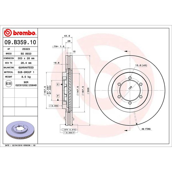 Bromsskiva Ventilerad, Framaxel Brembo 09.B359.10 BREMBO