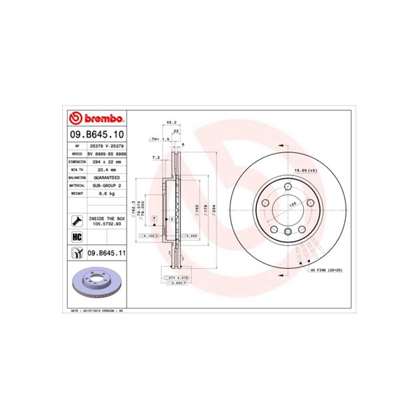 Bromsskiva Ventilerad, Framaxel Brembo 09.B645.11 BREMBO