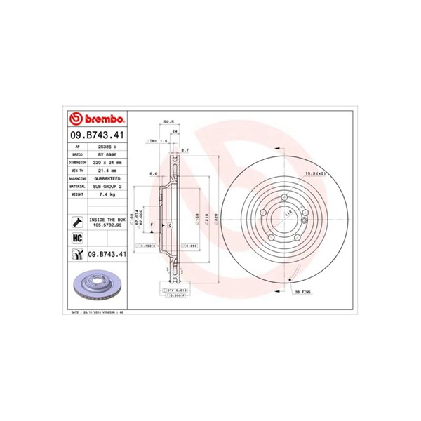 Bromsskiva Ventilerad, Bakaxel Brembo Coated disc line 09.B743.41 BREMBO