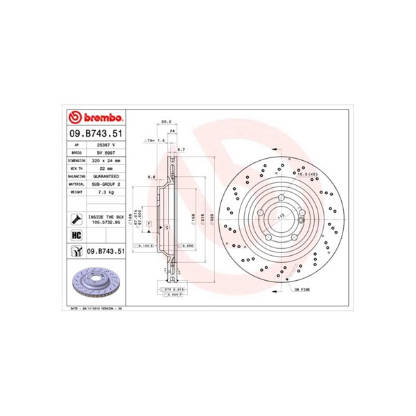Bromsskiva Hålad/ventilerad, Bakaxel Brembo 09.B743.51 BREMBO
