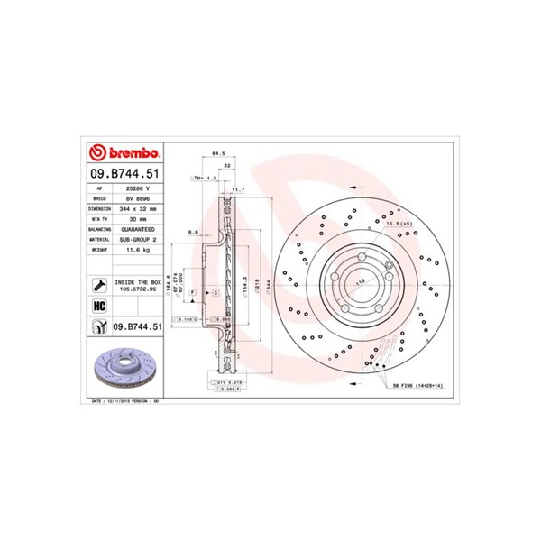 Bromsskiva Hålad/ventilerad, Framaxel Brembo 09.B744.51 BREMBO