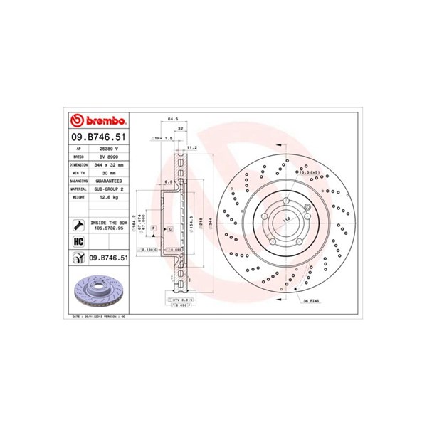 Bromsskiva Hålad/ventilerad, Framaxel Brembo 09.B746.51 BREMBO