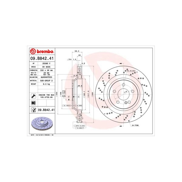 Bromsskiva Hålad/ventilerad, Bakaxel Brembo 09.B842.41 BREMBO