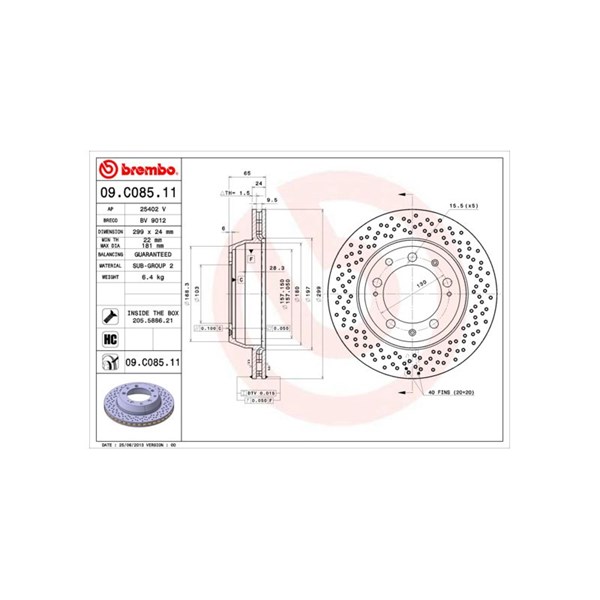 Bromsskiva Hålad/ventilerad, Bakaxel Brembo 09.C085.11 BREMBO