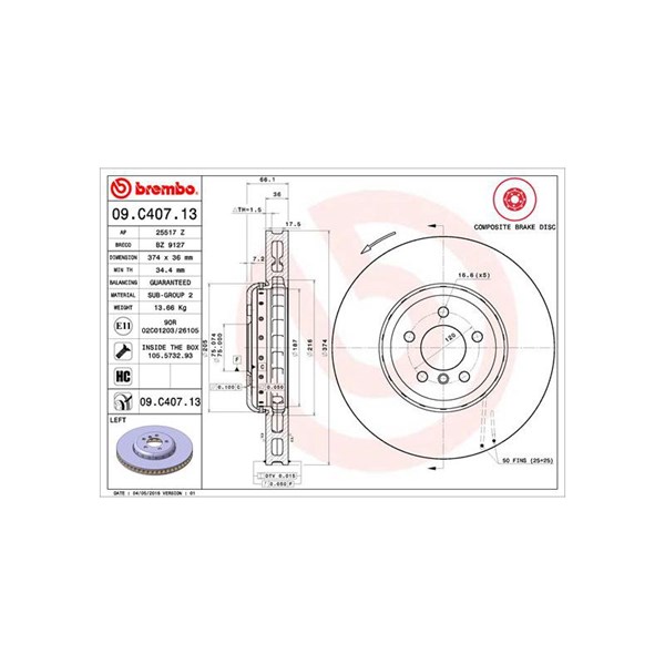 Bromsskiva, Framaxel, framaxel vänster Brembo 09.C407.13 BREMBO Bromsskiva, Framaxel, framaxel vänster Brembo 09.C407.13 BREMBO