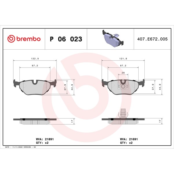 Bromsbeläggsats, Bakaxel Brembo P 06 023 BREMBO