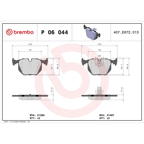 Bromsbeläggsats, Bakaxel Brembo P 06 044 BREMBO