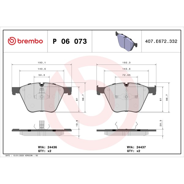 Bromsbeläggsats, Framaxel Brembo P 06 073 BREMBO